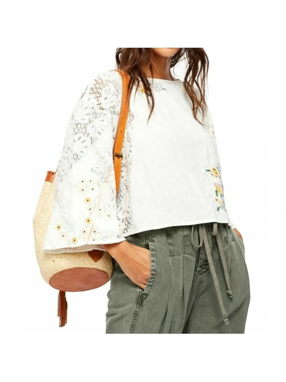 Free People Paris Picnic White Embroidered Lace Bell Sleeve Tunic